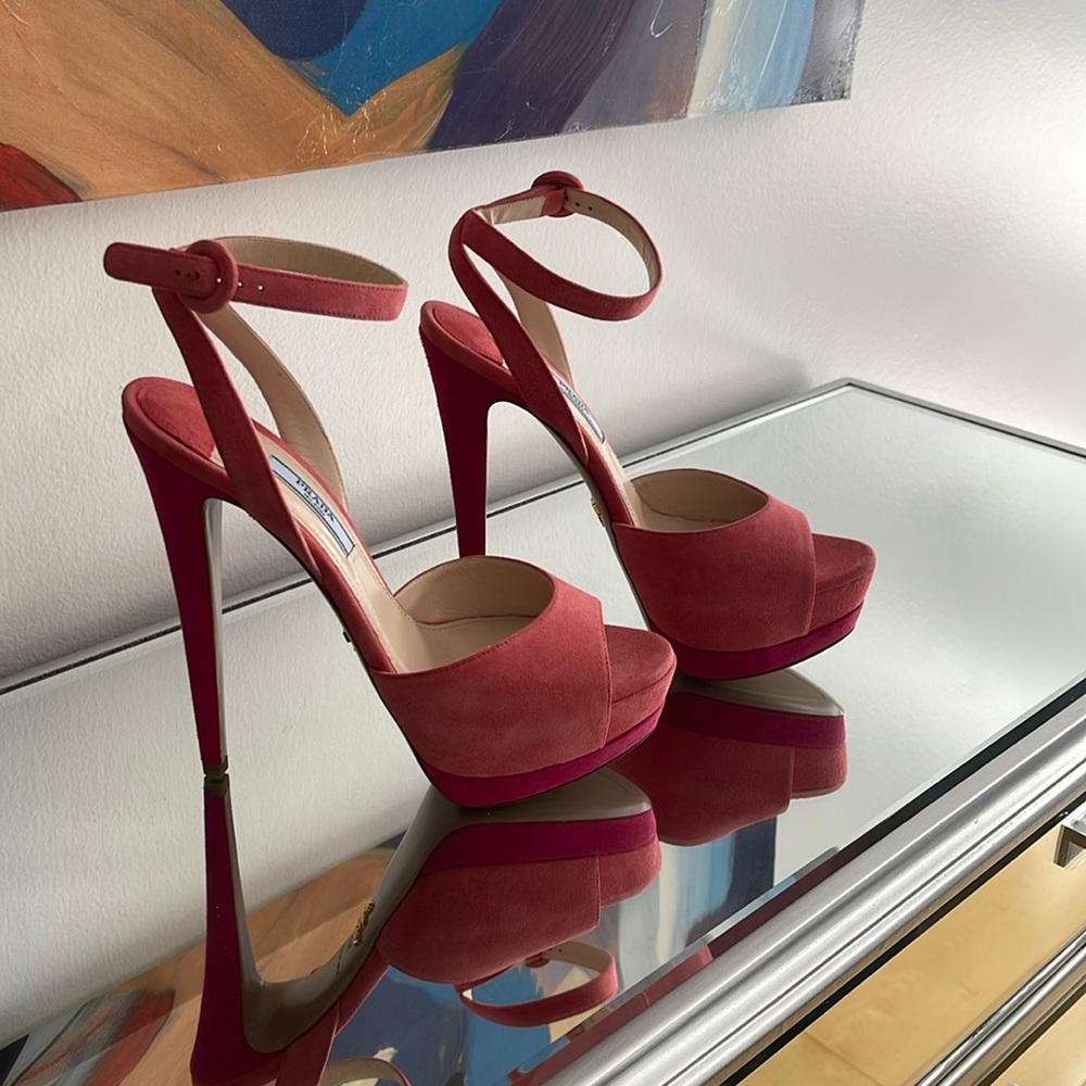 Ladies, two-tone, pink suede, Prada sandals